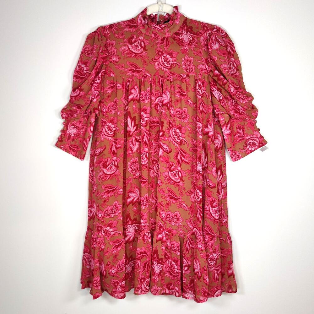 Boohoo Pink Floral Babydoll Dress Size‎ 4 Puff Sleeve Cottagecore Mini